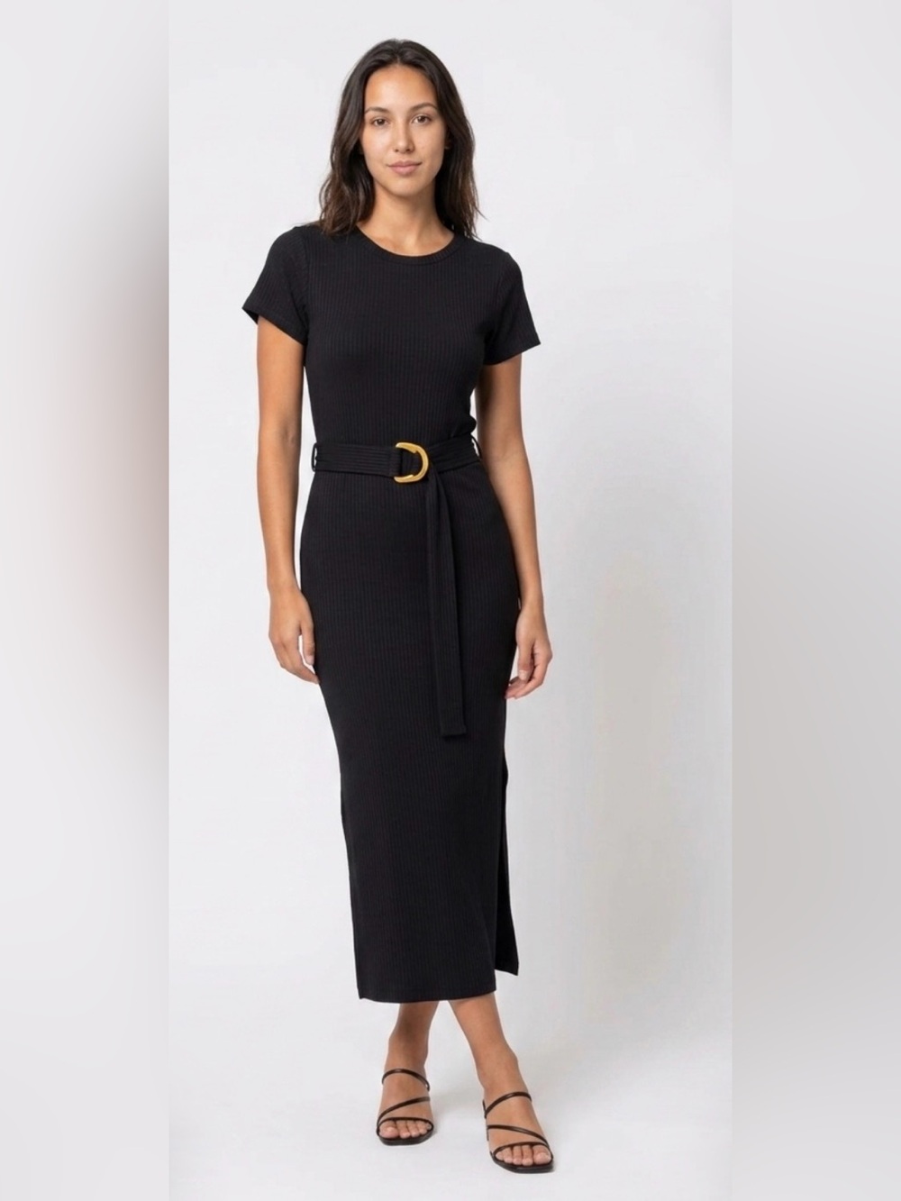 T.J.Maxx Black Ribbed Short-Sleeve Maxi Dress with Buckle Belt